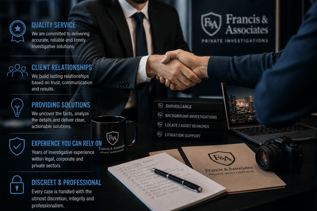 Private investigator Las Vegas NV meeting with client, demonstrating investigative services, surveillance expertise, and professional case consultation