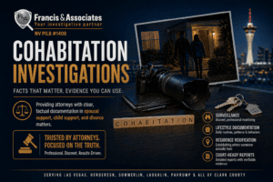 Cohabitation investigation surveillance by Las Vegas private investigator documenting couple entering residence at night for spousal support and divorce cases