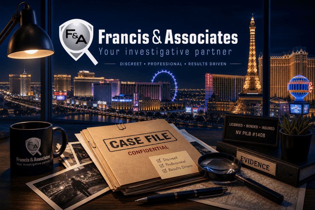 Private investigator Las Vegas NV reviewing confidential case file and evidence at Francis & Associates.