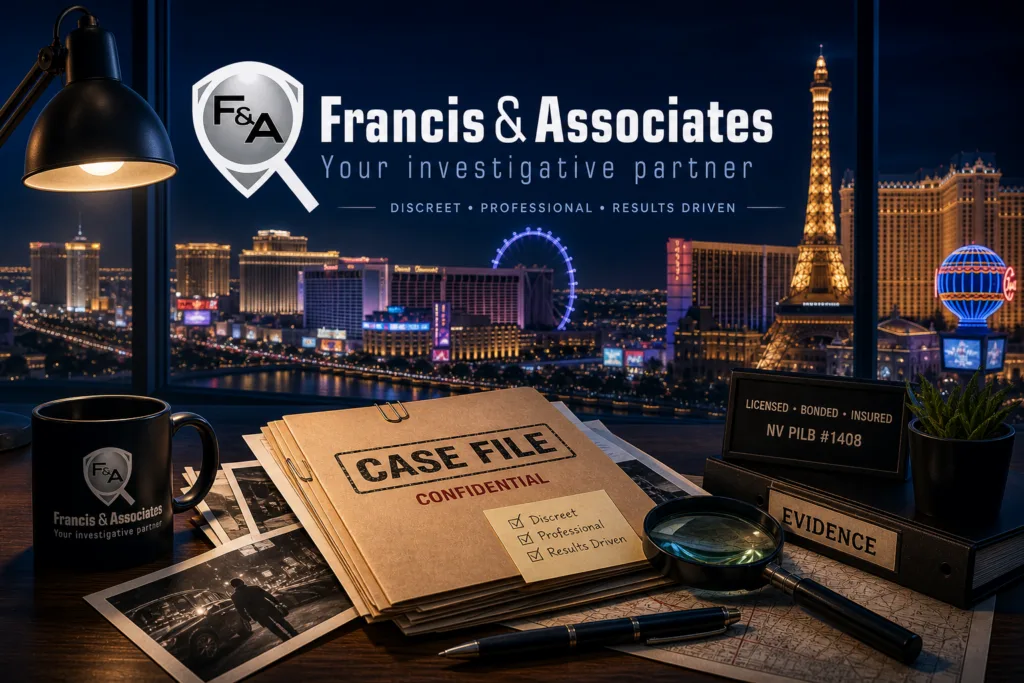 Private investigator Las Vegas NV reviewing confidential case file and evidence at Francis & Associates.
